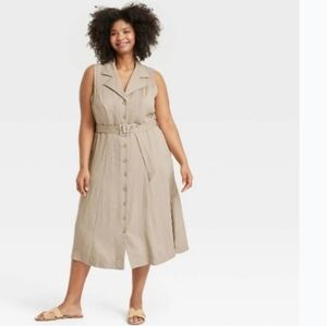 Sleeveless Beige Midi Dress with Belt